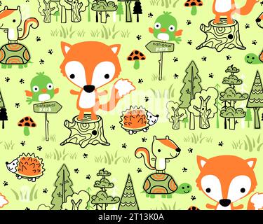 Vecteur de motif sans couture avec dessin animé drôle d'animaux terrestres en bois Illustration de Vecteur