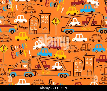 Vecteur de modèle sans couture de dessin animé de transporteur de voitures de camion, bâtiments, panneaux de signalisation Illustration de Vecteur