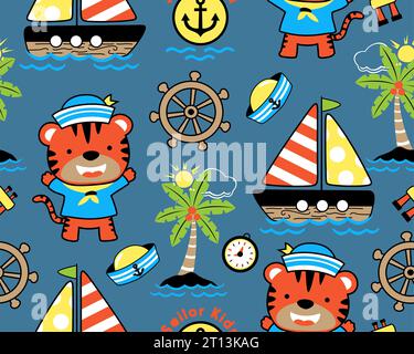 Vecteur de motif sans couture de dessin animé d'éléments de voile. Tigre drôle en costume de marin Illustration de Vecteur