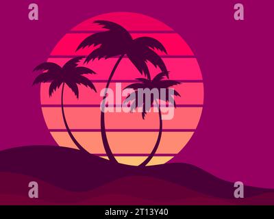 Palmiers sur fond de coucher de soleil rétro. Palmiers tropicaux sur fond de coucher de soleil futuriste. Conception de produits promotionnels, bannière et Illustration de Vecteur