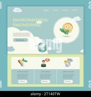 Modèle de site Web de page de destination plate d'ingénierie environnementale. Économie d'énergie, pensez vert, usine verte. Bannière Web avec en-tête, contenu et pied de page Illustration de Vecteur