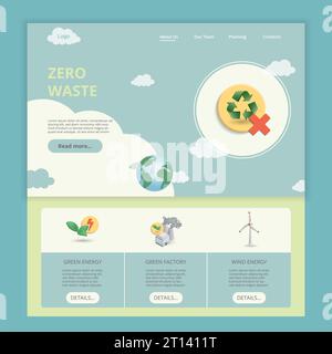 Modèle de site Web de page de destination plate zéro déchet. Énergie verte, usine verte, énergie éolienne. Bannière Web avec en-tête, contenu et pied de page. Vecteur Illustration de Vecteur