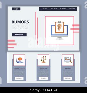 Rumeurs modèle de site Web de page d'atterrissage plat. Cyber-intimidation, discréditer, identifier. Bannière Web avec en-tête, contenu et pied de page. Illustration vectorielle. Illustration de Vecteur