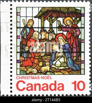 Timbre-poste annulé imprimé par le Canada, qui montre 'Nativité' (G. Maile et fils), Noël, vers 1979. Banque D'Images