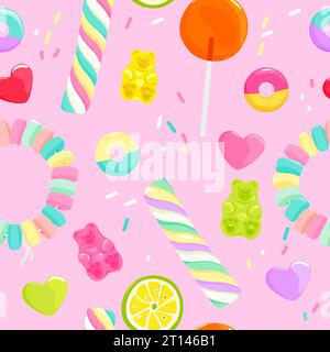 Sucettes colorées, bonbons en gelée et en gelée portent le fond. Motif sans couture. Illustration vectorielle Illustration de Vecteur