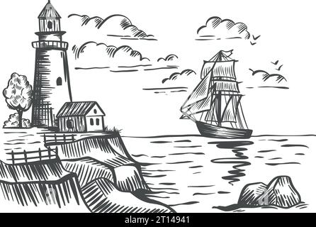Seascape avec phare et croquis à l'encre de bateau. Mers, mouettes, maison et tour gravées à la main. Rocky Shore graphique, illustration vectorielle Illustration de Vecteur