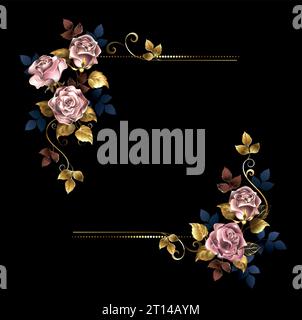 Composition rectangulaire luxueuse de roses peintes artistiquement, bijoux, jaune étincelant et rose or sur fond noir. Or rose. Illustration de Vecteur