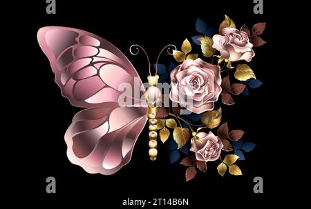 Papillon de fleur avec aile d'or rose décoré artistiquement roses d'or rose peintes, avec des feuilles d'aluminium d'or sur fond noir. Rose or rose. Illustration de Vecteur