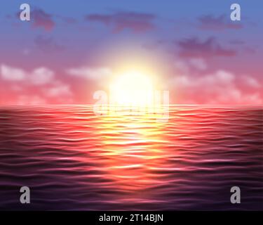 Beau coucher de soleil sur la mer avec des vagues et du soleil sur le fond vectoriel réaliste du ciel, illustration de paysage de la nature Illustration de Vecteur