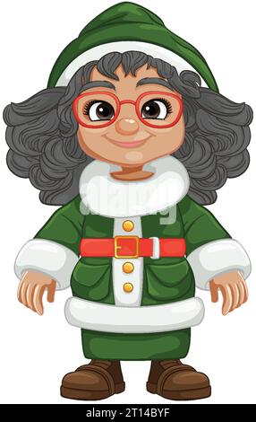 Une femme joyeuse habillée comme un personnage de Santa dessin animé dans des vêtements verts Illustration de Vecteur