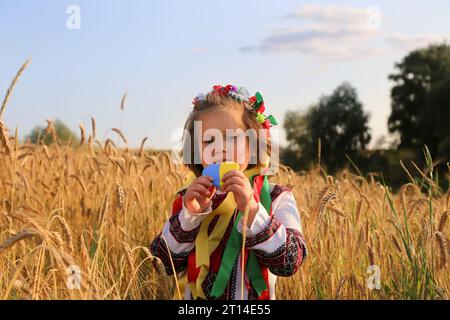 Un coeur jaune et bleu et des épillets de blé dans les mains d'un enfant dans une chemise brodée vyshyvanka. Champ de blé au coucher du soleil.jour de l'indépendance de U Banque D'Images