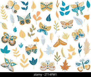 Collection papillons exotiques et brindilles isolé sur fond blanc. Placez les insectes volants tropicaux avec des ailes colorées et le feuillage. Décor rustique Illustration de Vecteur