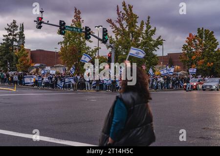 Bellevue, États-Unis. 09 octobre 2023. Des personnes de divers horizons se rassemblent à Bellevue pour montrer leur solidarité en réponse aux récentes attaques du Hamas et aux tensions actuelles au Moyen-Orient. Des centaines de partisans israéliens se sont rassemblés à Bellevue, tenant des drapeaux et des pancartes israéliens. Ils se sont réunis pour exprimer leur solidarité au milieu d’une crise qui s’aggrave. (Photo de Chin Hei Leung/SOPA Images/Sipa USA) crédit : SIPA USA/Alamy Live News Banque D'Images