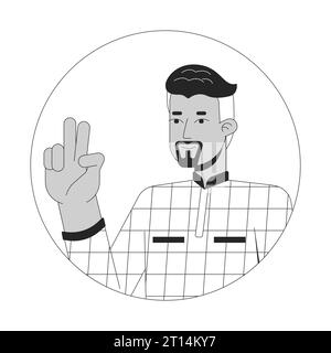 Confiante 40s arab man Victory signe noir et blanc illustration d'avatar vectoriel 2D. Illustration de Vecteur