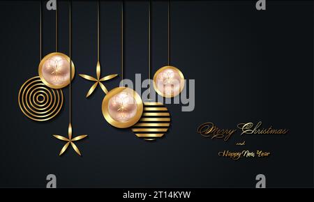 Bannière de Noël de luxe avec or manuscrit Joyeux Noël et joyeux nouvel an et boules de Noël de couleur or.Vecteur Illustration de Vecteur