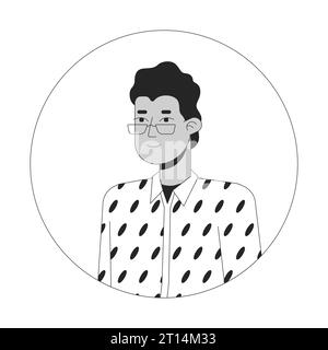 Lunettes homme indien en chemise de designer noir et blanc illustration d'avatar vectoriel 2D. Illustration de Vecteur