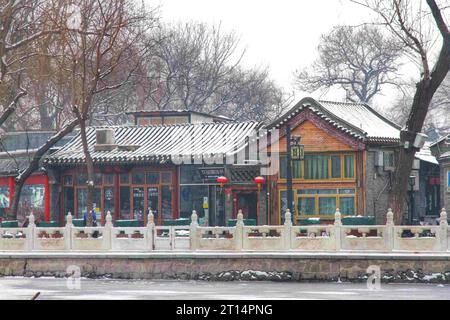 Explorez le spectacle enchanteur de maisons traditionnelles aux couleurs diverses, blotties dans un pays des merveilles hivernales sous un paysage de neige chinois immaculé Banque D'Images