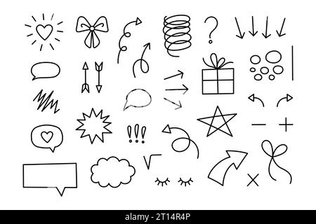 Jeu d'éléments de gribouillage dessinés à la main. Illustrations de dessins animés sur fond blanc. Icônes Doodle. Formes abstraites dessinées à la main. Grillades de coeurs, rubans, noeuds, Illustration de Vecteur