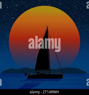 Coucher de soleil mer et voilier. Soleil orange, océan bleu, silhouette d'île et yacht sur fond de ciel étoilé. Paysage marin nocturne. Le voilier reste près de l'isl Illustration de Vecteur