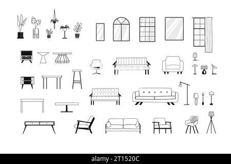 Ensemble de contours de meubles de canapés, fauteuils, tables, tiroirs, lampes, fenêtres, pots de fleurs pour la construction de designs intérieurs. Illustration de Vecteur