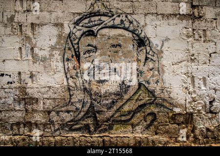 Michael Bunel / le Pictorium - conflit à Gaza - 11/05/2018 - Palestine / Gaza / Gaza - Portrait de Yasser Arafat. Gaza City est une galerie d'art en plein air. Partout, les murs sont recouverts d'une variété d'inscriptions. Des messages personnels à la publicité, des dessins de propagande aux simples fresques artistiques, c'est un moyen d'expression pour tous. Gaza. Palestine. Banque D'Images