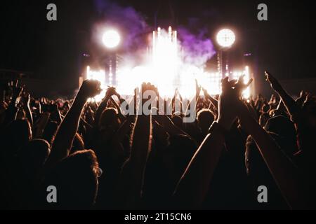 Des gens heureux se pressent les mains levées sur une piste de danse pendant un concert. Banque D'Images