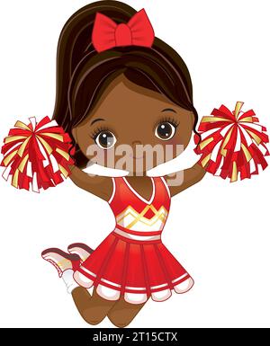 Vector Cute African American Cheerleader avec Pom Poms Jumping Illustration de Vecteur