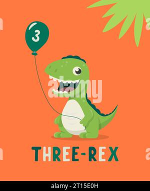 Dinosaure Tirannosaur trois Rex. Dessin animé Tirex. Carte d'anniversaire pour un enfant de trois ans. Motif vectoriel mignon et amusant dessin animé Dinosaur Illustration de Vecteur