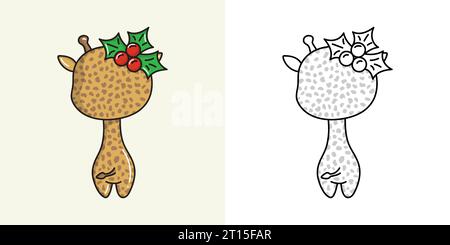 Définir Clipart Christmas Giraffe Coloriage page et Illustration colorée. Kawaii Xmas African Animal. Illustration de Vecteur