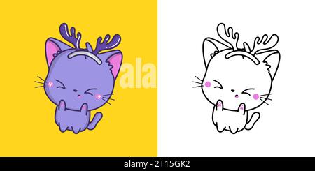 Kawaii New Year Cat Clipart multicolore et Noir et blanc. Mignon Kawaii animal de Noël. Illustration de Vecteur