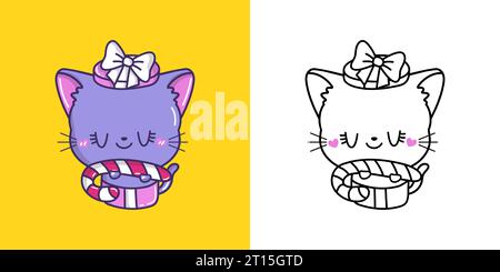 Clipart Christmas Cat multicolore et noir et blanc. Mignon clip Art nouvel an Animal Illustration de Vecteur