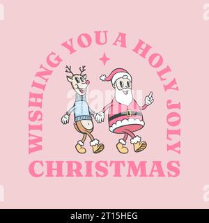 Personnages de dessins animés rétro rose chaud de Noël et du nouvel an. Amis gays du Père Noël et du renne marchant ensemble. Vector Holiday illustration dans la tendance Illustration de Vecteur