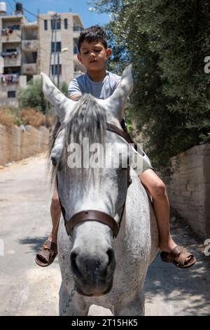 Bayt Surik, Palestine – 19 juin 2023 : un jeune garçon arabe réfléchi monte un beau cheval blanc et réfléchit Banque D'Images