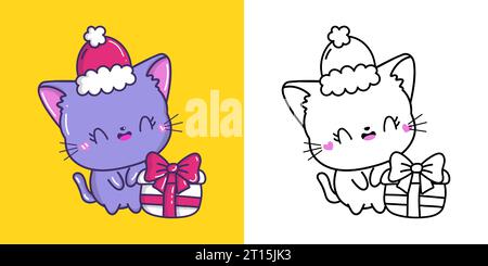 Clipart Christmas Cat multicolore et noir et blanc. Mignon clip Art nouvel an Animal Illustration de Vecteur