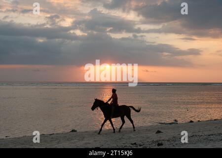 Un alignement harmonieux : un homme et son cheval longent la ligne verticale où le coucher de soleil embrasse la plage et la mer sur Gili Trawangan. Banque D'Images