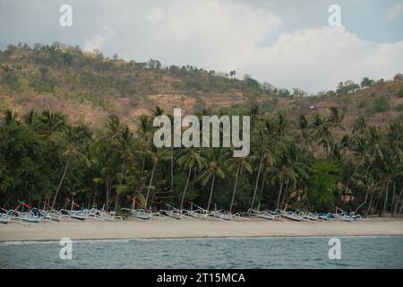 La beauté pittoresque de Lombok se déploie : des bateaux balançant doucement sur les eaux turquoises, des palmiers se balançant dans la brise marine. Banque D'Images