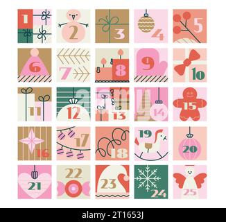 Calendrier de l'Avent de Noël avec des illustrations plates simples, des chiffres. Mignon Pinky rétro éléments vectoriels d'hiver pour la tradition drôle. Illustration de Vecteur