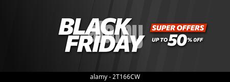 Conception de bannière web Black Friday. Modèle avec illustration de texte typographique linéaire moderne isolé sur fond noir avec des détails rouges. Illustration de Vecteur