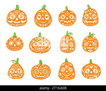 Halloween ou Dia de Los Muertos fête des personnages de citrouille mexicains. Visages ornés de citrouilles, sculptures Jack o Lanterns de vacances d'Halloween ou jeu de crânes de sucre vecteur souriant de la Journée des morts du Mexique Illustration de Vecteur