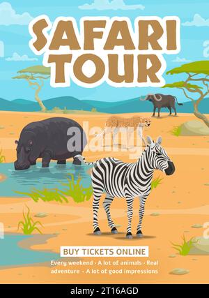 Dépliant de la visite safari. Dessins animés animaux africains. Dépliant publicitaire de voyage africain, affiche vectorielle promo aventure safari ou bannière avec hippopotame, zèbre, guépard et buffle animaux de savane africaine Illustration de Vecteur