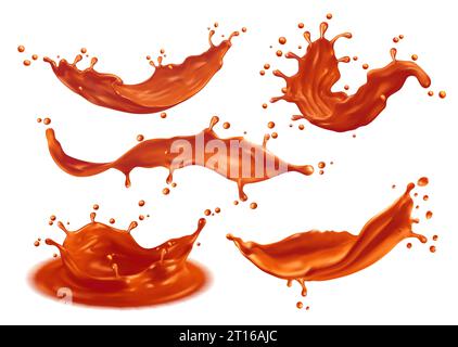 Éclaboussures de sirop de sauce caramel. Bonbons au lait vecteur, caramel fondu ou crème au chocolat liquide tourbillonne et ondule avec des gouttes sucrées réalistes 3D. Caramel brun coulant, nourriture sucrée, dessert de bonbons, confiserie Illustration de Vecteur