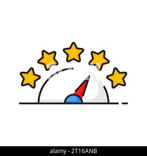 Icône d'échelle de notation de qualité avec des étoiles de rang et une flèche. Indicateur de niveau d'évaluation de la satisfaction du client ou de la rétroaction du client vectoriel avec ligne de couleur échelle de cinq étoiles du bas au meilleur ou au haut rang Illustration de Vecteur