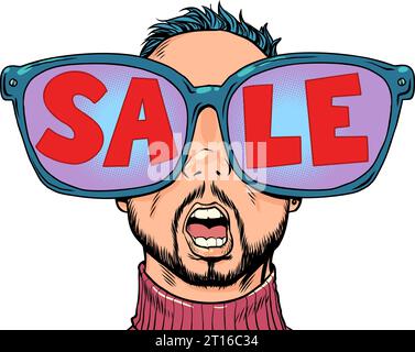 Offre incroyable pour leurs clients dans le magasin. Lunettes énormes et reflet en eux. Un homme avec des lunettes regarde les réductions. Illustration de Vecteur