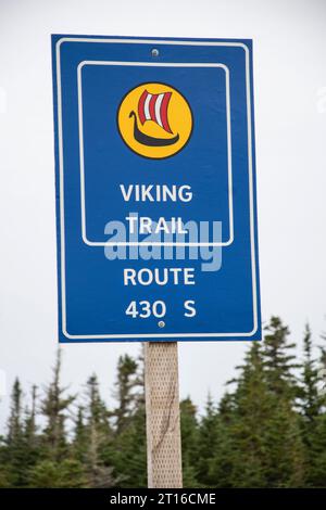 Panneau routier Viking Trail à St. Anthony, Terre-Neuve-et-Labrador, Canada Banque D'Images