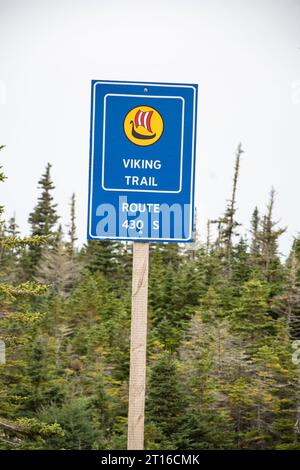 Panneau routier Viking Trail à St. Anthony, Terre-Neuve-et-Labrador, Canada Banque D'Images