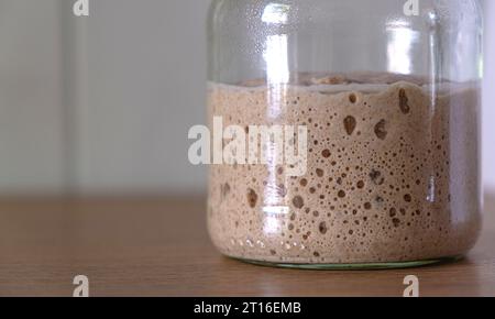 Le processus de fermentation du pain au levain maison. Entrée de céréales complètes pour pain. Banque D'Images