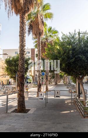 Jaffa, Israël - 10 octobre 2023 : Yerushalayim Road est une rue principale de la ville historique de Jaffa, Israël. Banque D'Images