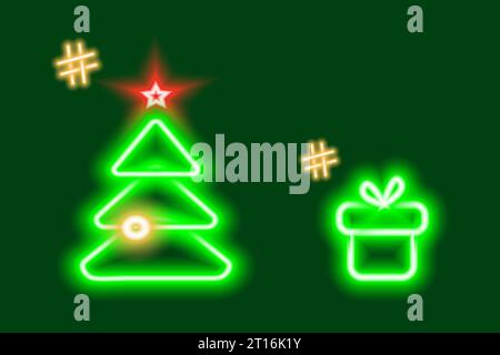 2 icônes de sapin de Noël et de boîte-cadeau néon brillantes avec des hashtags dans des tons verts à la mode. Concept de conception pour autocollant, logo ou recherche, célébrations ou enseigne, pointeur, menu, bannière, affiche ou cartes. EPS Illustration de Vecteur