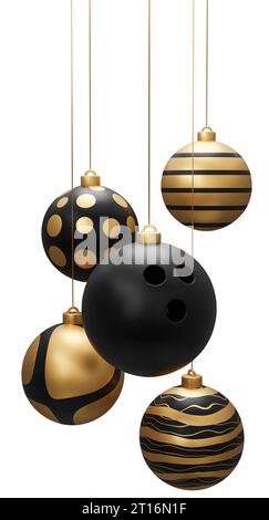 Boules de Noël suspendues Golden Black Bowling. illustration de rendu 3d isolée sur fond blanc. Banque D'Images
