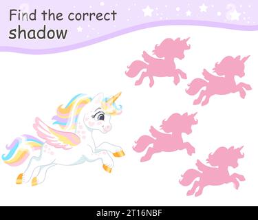Trouvez l'ombre correcte. Mignon dessin animé romantique licorne drôle. Jeu éducatif d'appariement pour enfants avec personnage de dessin animé. Activité, jeu de logique, lea Illustration de Vecteur